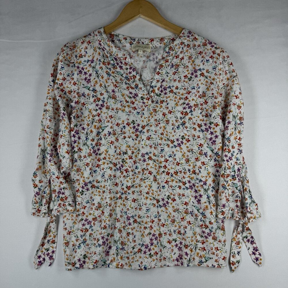 Cynthia Rowley Women’s S Floral Blouse 100% Rayon V Neck Tie Sleeve Boho Top